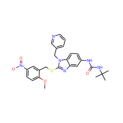 COc1ccc([N+](=O)[O-])cc1CSc1nc2cc(NC(=O)NC(C)(C)C)ccc2n1Cc1cccnc1 ZINC000028524540