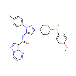 COc1ccc([S@@+]([O-])N2CCC(c3cc(NC(=O)c4cnn5cccnc45)n(-c4ccc(C)cc4)n3)CC2)cc1 ZINC000143376618