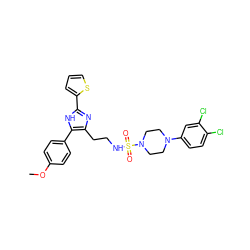 COc1ccc(-c2[nH]c(-c3cccs3)nc2CCNS(=O)(=O)N2CCN(c3ccc(Cl)c(Cl)c3)CC2)cc1 ZINC000014978241