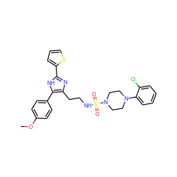 COc1ccc(-c2[nH]c(-c3cccs3)nc2CCNS(=O)(=O)N2CCN(c3ccccc3Cl)CC2)cc1 ZINC000014978238