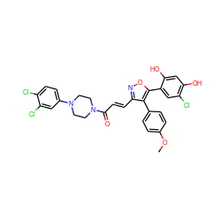 COc1ccc(-c2c(/C=C/C(=O)N3CCN(c4ccc(Cl)c(Cl)c4)CC3)noc2-c2cc(Cl)c(O)cc2O)cc1 ZINC000299821939