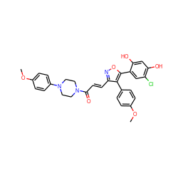 COc1ccc(-c2c(/C=C/C(=O)N3CCN(c4ccc(OC)cc4)CC3)noc2-c2cc(Cl)c(O)cc2O)cc1 ZINC000299829715