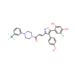 COc1ccc(-c2c(/C=C/C(=O)N3CCN(c4cccc(C(F)(F)F)c4)CC3)noc2-c2cc(Cl)c(O)cc2O)cc1 ZINC000299823389