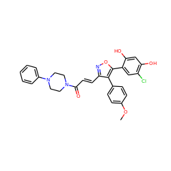 COc1ccc(-c2c(/C=C/C(=O)N3CCN(c4ccccc4)CC3)noc2-c2cc(Cl)c(O)cc2O)cc1 ZINC000299833364