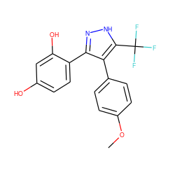 COc1ccc(-c2c(-c3ccc(O)cc3O)n[nH]c2C(F)(F)F)cc1 ZINC000085382232