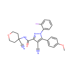 COc1ccc(-c2c(C#N)c(C(=O)NC3(C#N)CCOCC3)nn2-c2ccccc2I)cc1 ZINC000071318470