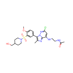 COc1ccc(-c2c(C)nc3c(NCCNC(C)=O)cc(Cl)nn23)cc1S(=O)(=O)N1CCC(CO)CC1 ZINC000584905234