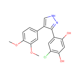 COc1ccc(-c2c[nH]nc2-c2cc(Cl)c(O)cc2O)cc1OC ZINC000028469243