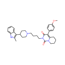 COc1ccc(-c2c3n(c(=O)n(CCCCN4CCC(c5c(C)[nH]c6ccccc56)CC4)c2=O)CCCC3)cc1 ZINC000049678319