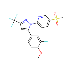 COc1ccc(-c2cc(C(F)(F)F)nn2-c2ccc(S(C)(=O)=O)cn2)cc1F ZINC000013588346