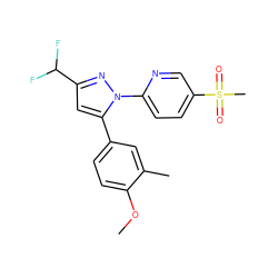 COc1ccc(-c2cc(C(F)F)nn2-c2ccc(S(C)(=O)=O)cn2)cc1C ZINC000013588356