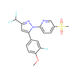 COc1ccc(-c2cc(C(F)F)nn2-c2ccc(S(C)(=O)=O)cn2)cc1F ZINC000013588357