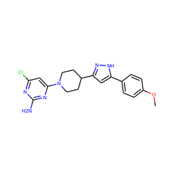 COc1ccc(-c2cc(C3CCN(c4cc(Cl)nc(N)n4)CC3)n[nH]2)cc1 ZINC000008577976