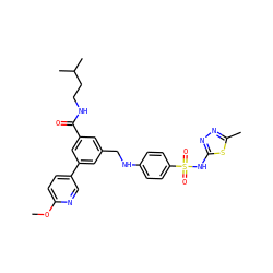 COc1ccc(-c2cc(CNc3ccc(S(=O)(=O)Nc4nnc(C)s4)cc3)cc(C(=O)NCCC(C)C)c2)cn1 ZINC000473132027