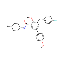 COc1ccc(-c2cc(Cc3ccc(F)cc3)c(OC)c(C(=O)N[C@H]3CC[C@@H](C)CC3)c2)cc1 ZINC000653844264