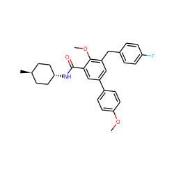 COc1ccc(-c2cc(Cc3ccc(F)cc3)c(OC)c(C(=O)N[C@H]3CC[C@H](C)CC3)c2)cc1 ZINC000653844258
