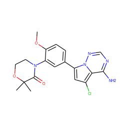 COc1ccc(-c2cc(Cl)c3c(N)ncnn23)cc1N1CCOC(C)(C)C1=O ZINC001772596835