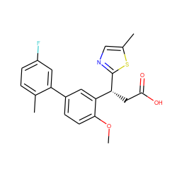 COc1ccc(-c2cc(F)ccc2C)cc1[C@@H](CC(=O)O)c1ncc(C)s1 ZINC001772641227