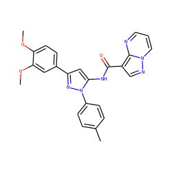 COc1ccc(-c2cc(NC(=O)c3cnn4cccnc34)n(-c3ccc(C)cc3)n2)cc1OC ZINC000145846450