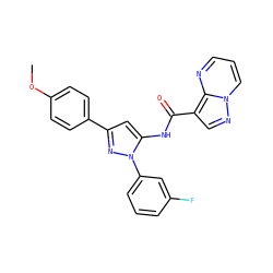 COc1ccc(-c2cc(NC(=O)c3cnn4cccnc34)n(-c3cccc(F)c3)n2)cc1 ZINC000145865366