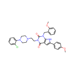 COc1ccc(-c2cc3c(=O)n(CCN4CCN(c5ccccc5Cl)CC4)c(=O)n(Cc4ccccc4OC)c3[nH]2)cc1 ZINC000072113706