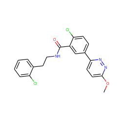 COc1ccc(-c2ccc(Cl)c(C(=O)NCCc3ccccc3Cl)c2)nn1 ZINC000072179581