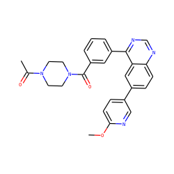 COc1ccc(-c2ccc3ncnc(-c4cccc(C(=O)N5CCN(C(C)=O)CC5)c4)c3c2)cn1 ZINC000205313554