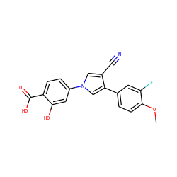 COc1ccc(-c2cn(-c3ccc(C(=O)O)c(O)c3)cc2C#N)cc1F ZINC000200840656