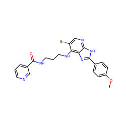 COc1ccc(-c2nc3c(NCCCNC(=O)c4cccnc4)c(Br)cnc3[nH]2)cc1 ZINC000084602991