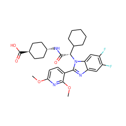 COc1ccc(-c2nc3cc(F)c(F)cc3n2[C@H](C(=O)N[C@H]2CC[C@H](C(=O)O)CC2)C2CCCCC2)c(OC)n1 ZINC000261172585