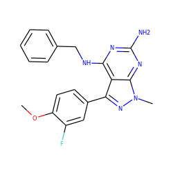 COc1ccc(-c2nn(C)c3nc(N)nc(NCc4ccccc4)c23)cc1F ZINC000095564452