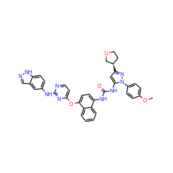 COc1ccc(-n2nc([C@@H]3CCOC3)cc2NC(=O)Nc2ccc(Oc3ccnc(Nc4ccc5[nH]ncc5c4)n3)c3ccccc23)cc1 ZINC000211087489