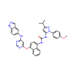 COc1ccc(-n2nc(C(C)C)cc2NC(=O)Nc2ccc(Oc3cc(Nc4ccc5[nH]ncc5c4)ncn3)c3ccccc23)cc1 ZINC000211036568