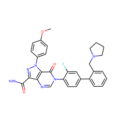 COc1ccc(-n2nc(C(N)=O)c3ncn(-c4ccc(-c5ccccc5CN5CCCC5)cc4F)c(=O)c32)cc1 ZINC000014950526