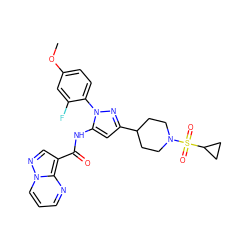 COc1ccc(-n2nc(C3CCN(S(=O)(=O)C4CC4)CC3)cc2NC(=O)c2cnn3cccnc23)c(F)c1 ZINC000145890917