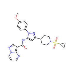 COc1ccc(-n2nc(C3CCN(S(=O)(=O)C4CC4)CC3)cc2NC(=O)c2cnn3cccnc23)cc1 ZINC000204755604