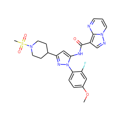 COc1ccc(-n2nc(C3CCN(S(C)(=O)=O)CC3)cc2NC(=O)c2cnn3cccnc23)c(F)c1 ZINC000204767184