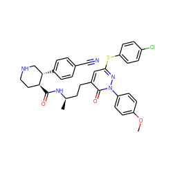 COc1ccc(-n2nc(Sc3ccc(Cl)cc3)cc(CC[C@@H](C)NC(=O)[C@H]3CCNC[C@@H]3c3ccc(C#N)cc3)c2=O)cc1 ZINC000028461431