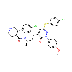 COc1ccc(-n2nc(Sc3ccc(Cl)cc3)cc(CC[C@@H](C)NC(=O)[C@H]3CCNC[C@@H]3c3ccc(Cl)cc3)c2=O)cc1 ZINC000028462842