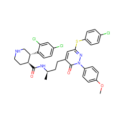 COc1ccc(-n2nc(Sc3ccc(Cl)cc3)cc(CC[C@@H](C)NC(=O)[C@H]3CCNC[C@@H]3c3ccc(Cl)cc3Cl)c2=O)cc1 ZINC000028457811