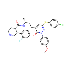 COc1ccc(-n2nc(Sc3ccc(Cl)cc3)cc(CC[C@@H](C)NC(=O)[C@H]3CCNC[C@@H]3c3ccccc3F)c2=O)cc1 ZINC000028461181