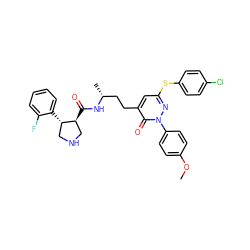 COc1ccc(-n2nc(Sc3ccc(Cl)cc3)cc(CC[C@@H](C)NC(=O)[C@H]3CNC[C@@H]3c3ccccc3F)c2=O)cc1 ZINC000028458713