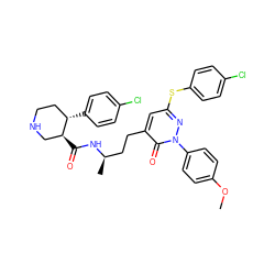 COc1ccc(-n2nc(Sc3ccc(Cl)cc3)cc(CC[C@@H](C)NC(=O)[C@H]3CNCC[C@@H]3c3ccc(Cl)cc3)c2=O)cc1 ZINC000028462977