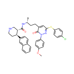 COc1ccc(-n2nc(Sc3ccc(Cl)cc3)cc(CC[C@@H](C)NC(=O)[C@H]3CNCC[C@@H]3c3ccc4ccccc4c3)c2=O)cc1 ZINC000028463747