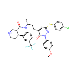 COc1ccc(-n2nc(Sc3ccc(Cl)cc3)cc(CC[C@@H](C)NC(=O)[C@H]3CNCC[C@@H]3c3cccc(C(F)(F)F)c3)c2=O)cc1 ZINC000028461039