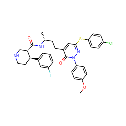 COc1ccc(-n2nc(Sc3ccc(Cl)cc3)cc(CC[C@@H](C)NC(=O)[C@H]3CNCC[C@@H]3c3cccc(F)c3)c2=O)cc1 ZINC000028463883