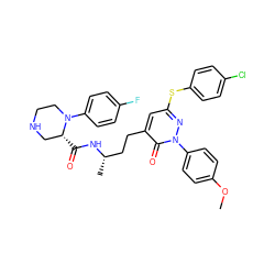 COc1ccc(-n2nc(Sc3ccc(Cl)cc3)cc(CC[C@H](C)NC(=O)[C@@H]3CNCCN3c3ccc(F)cc3)c2=O)cc1 ZINC000028458220