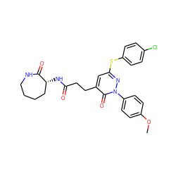 COc1ccc(-n2nc(Sc3ccc(Cl)cc3)cc(CCC(=O)N[C@@H]3CCCCNC3=O)c2=O)cc1 ZINC000013587969