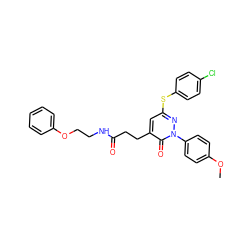 COc1ccc(-n2nc(Sc3ccc(Cl)cc3)cc(CCC(=O)NCCOc3ccccc3)c2=O)cc1 ZINC000027518407