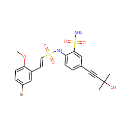 COc1ccc(Br)cc1/C=C/S(=O)(=O)Nc1ccc(C#CC(C)(C)O)cc1S(N)(=O)=O ZINC000142064011